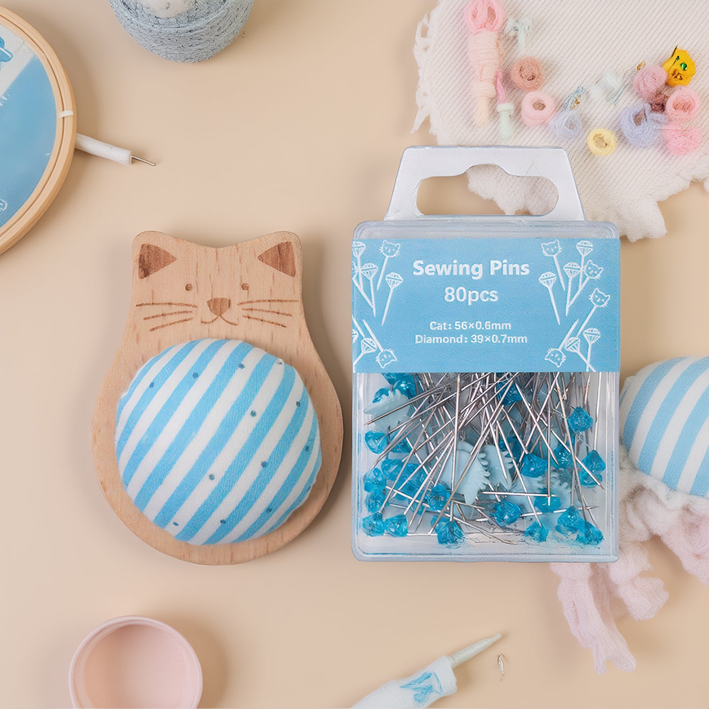 Cute Cat Pin Cushion Kit with 80 Craft Positioning Pins Needle Holders Wooden Base Adorable Pincushion for Quilting Needlepoint DIY Projects (Blue)