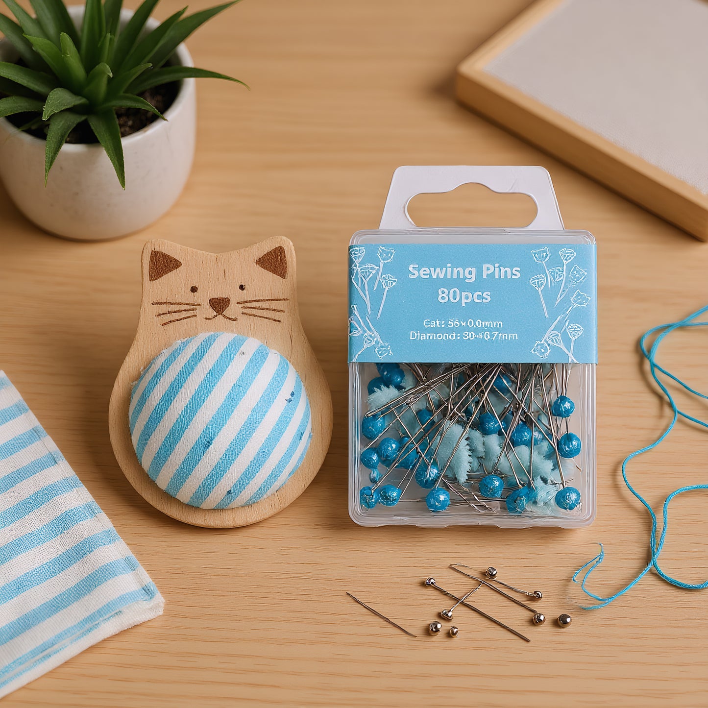 Cute Cat Pin Cushion Kit with 80 Craft Positioning Pins Needle Holders Wooden Base Adorable Pincushion for Quilting Needlepoint DIY Projects (Blue)