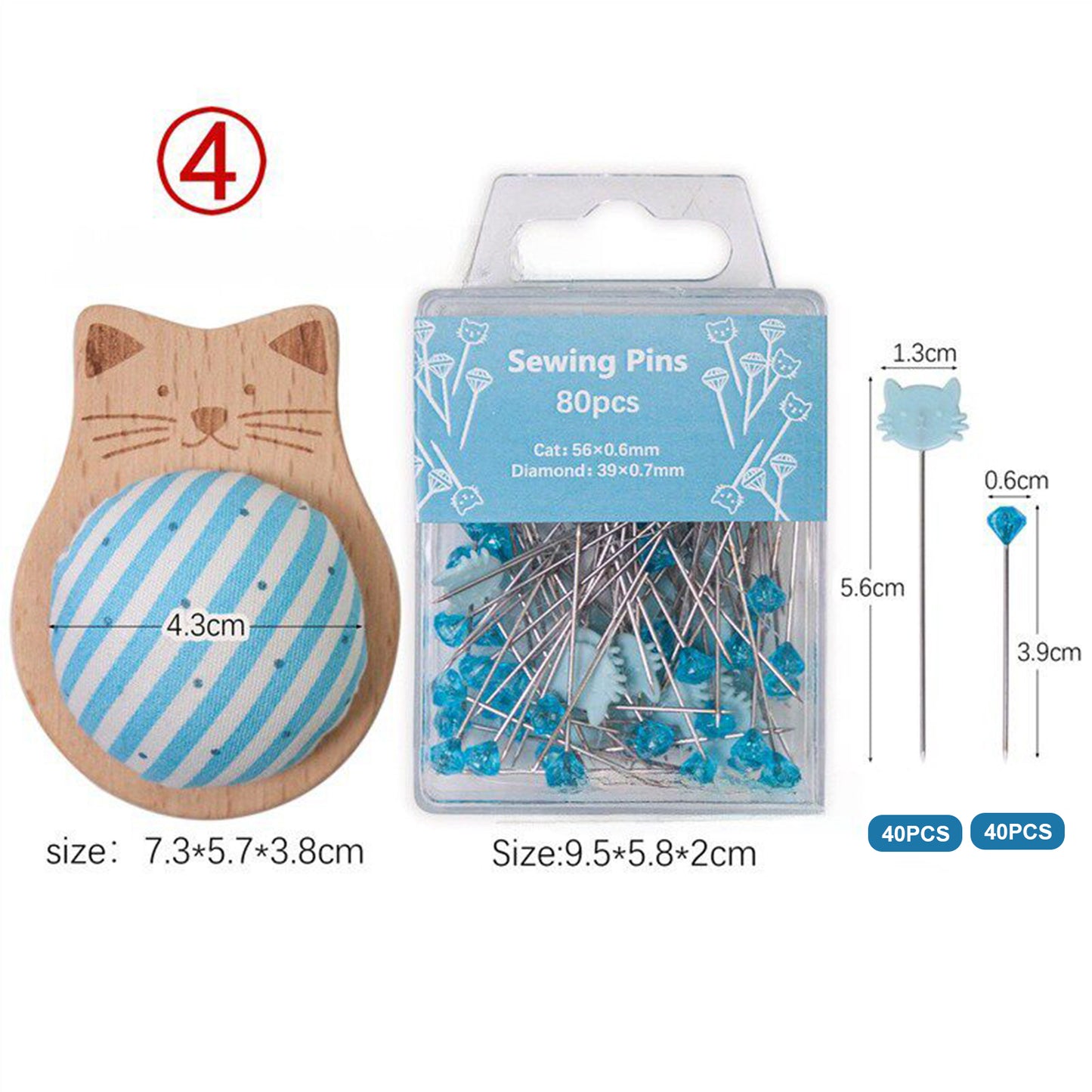 Cute Cat Pin Cushion Kit with 80 Craft Positioning Pins Needle Holders Wooden Base Adorable Pincushion for Quilting Needlepoint DIY Projects (Blue)
