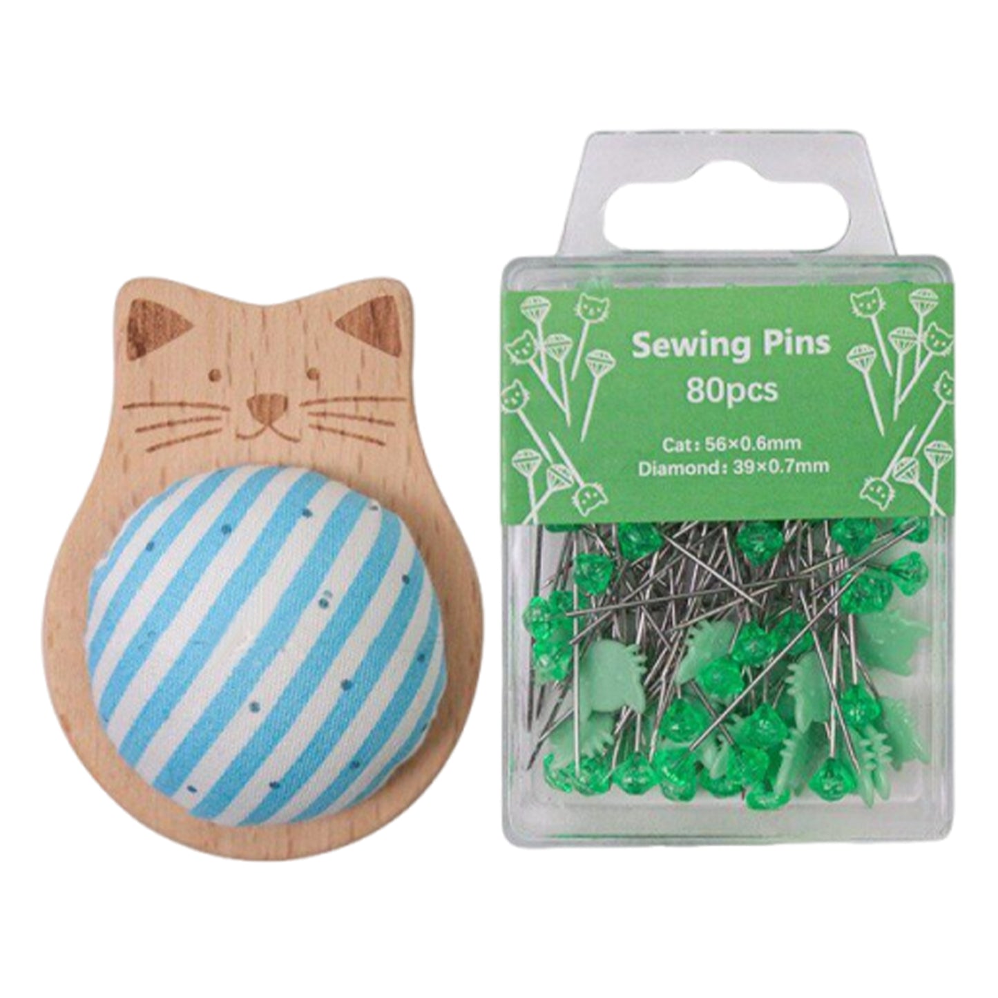 Cute Cat Pin Cushion Kit with 80 Craft Positioning Pins Needle Holders Wooden Base Adorable Pincushion for Quilting Needlepoint DIY Projects (Blue Green)