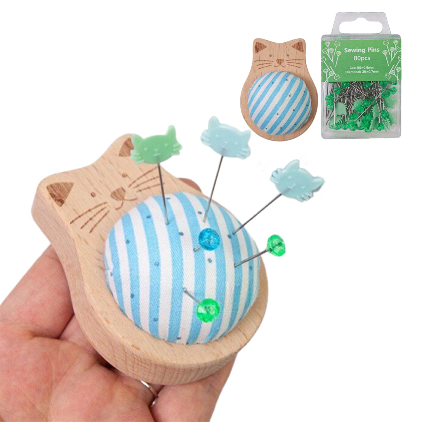 Cute Cat Pin Cushion Kit with 80 Craft Positioning Pins Needle Holders Wooden Base Adorable Pincushion for Quilting Needlepoint DIY Projects (Blue Green)