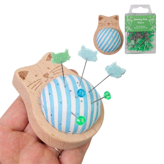 Cute Cat Pin Cushion Kit with 80 Craft Positioning Pins Needle Holders Wooden Base Adorable Pincushion for Quilting Needlepoint DIY Projects (Blue Green)