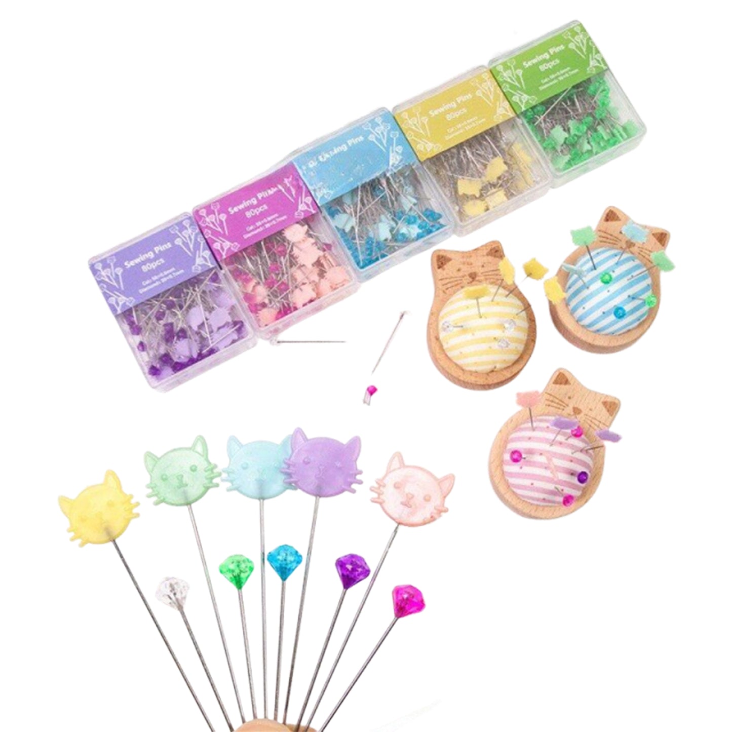 Cute Cat Pin Cushion Kit with 80 Craft Positioning Pins Needle Holders Wooden Base Adorable Pincushion for Quilting Needlepoint DIY Projects (Blue Green)