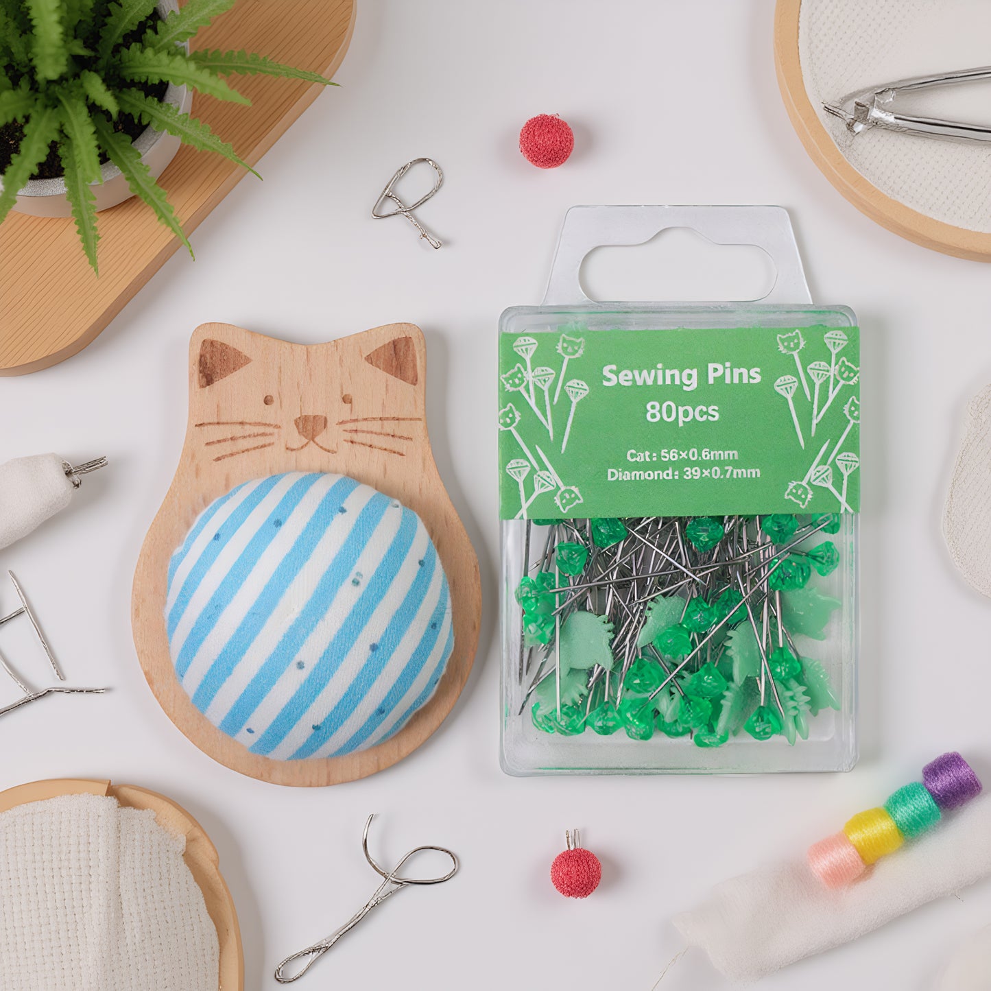 Cute Cat Pin Cushion Kit with 80 Craft Positioning Pins Needle Holders Wooden Base Adorable Pincushion for Quilting Needlepoint DIY Projects (Blue Green)