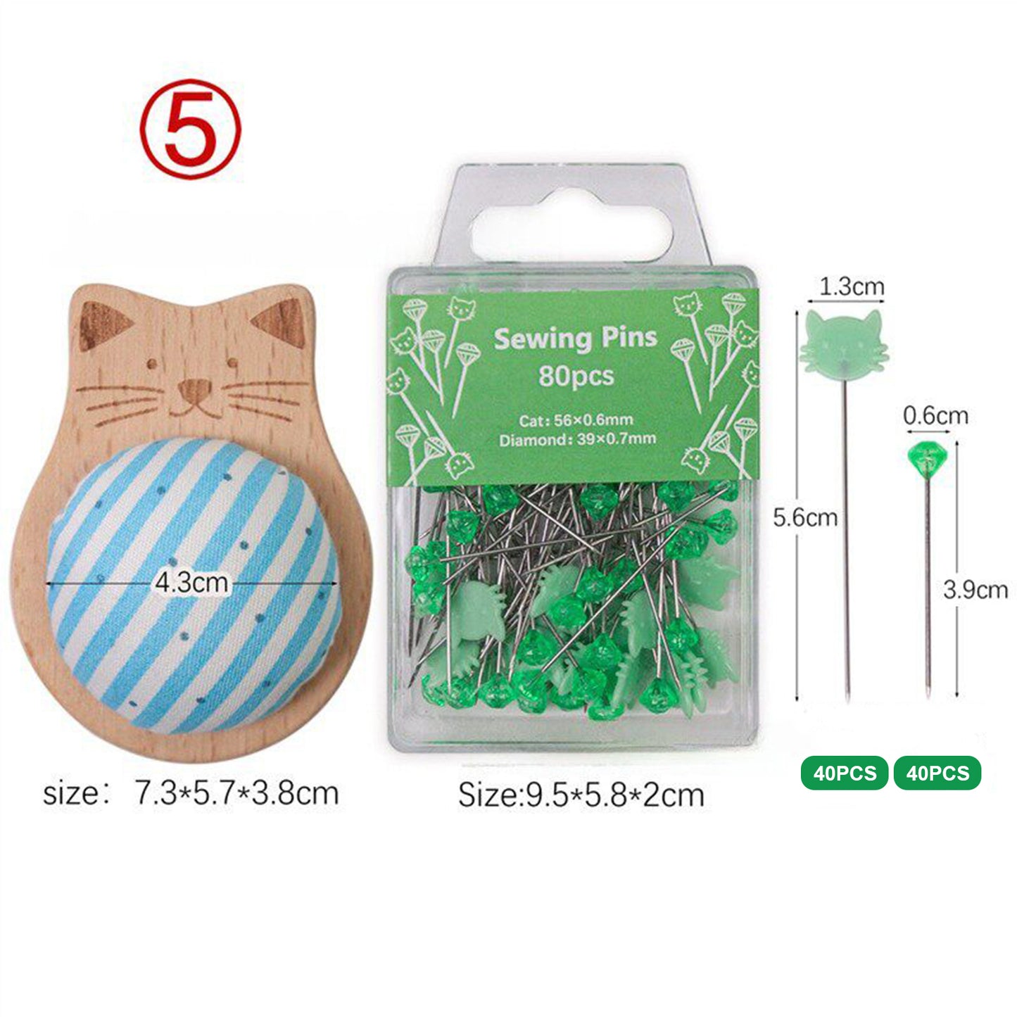 Cute Cat Pin Cushion Kit with 80 Craft Positioning Pins Needle Holders Wooden Base Adorable Pincushion for Quilting Needlepoint DIY Projects (Blue Green)