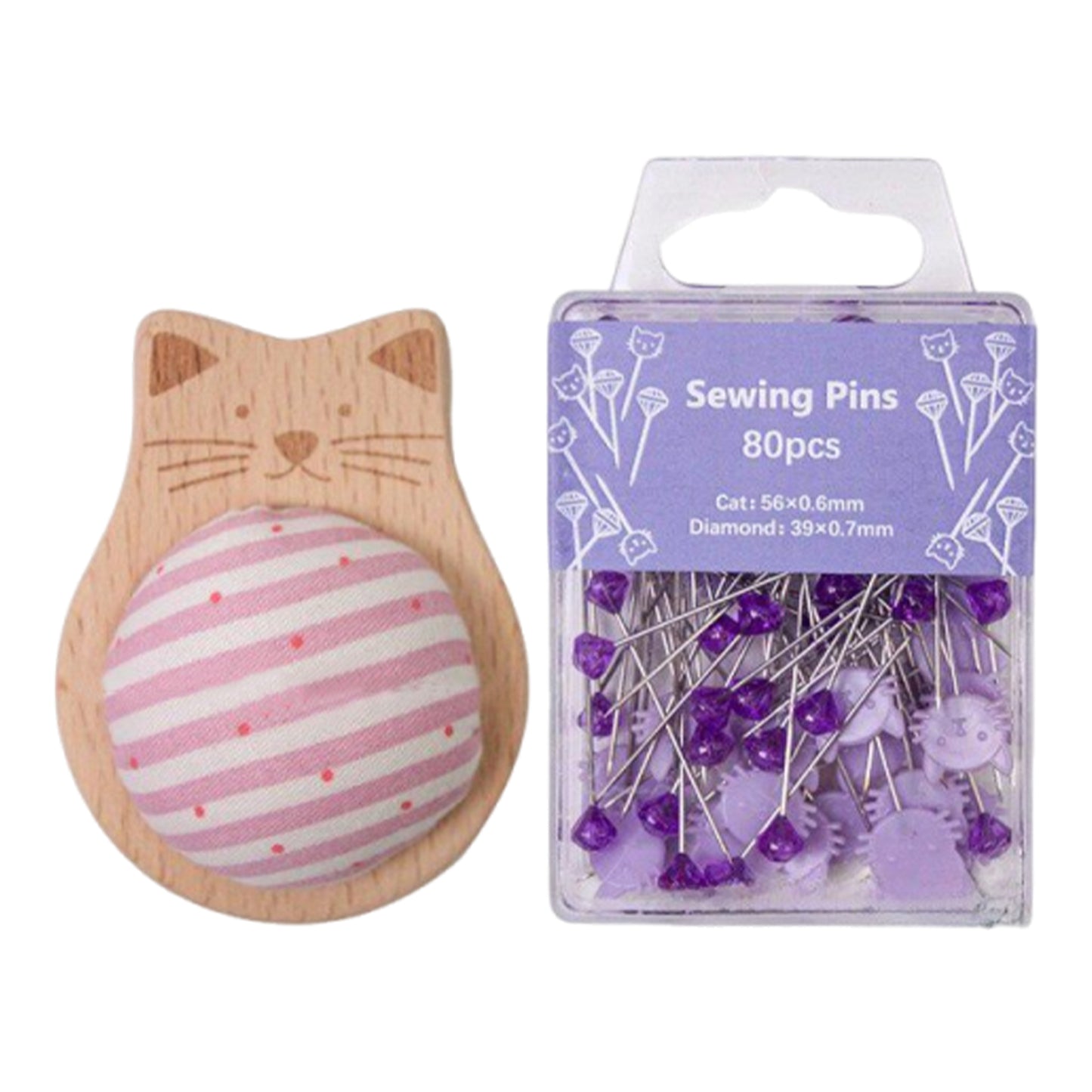 Cute Cat Pin Cushion Kit with 80 Craft Positioning Pins Needle Holders Wooden Base Adorable Pincushion for Quilting Needlepoint DIY Projects (Pink Purple)