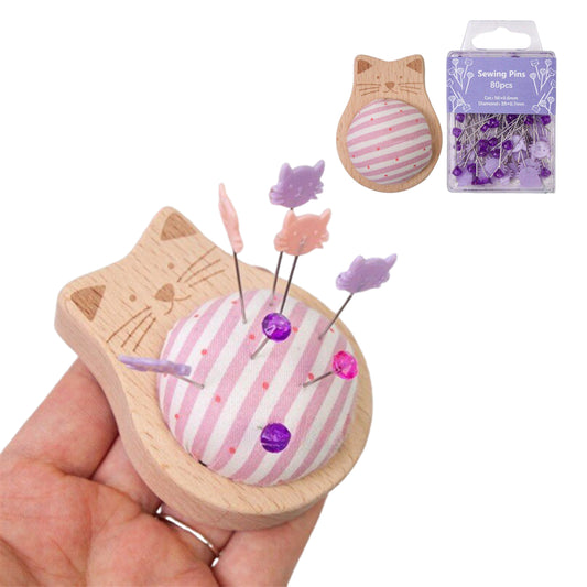 Cute Cat Pin Cushion Kit with 80 Craft Positioning Pins Needle Holders Wooden Base Adorable Pincushion for Quilting Needlepoint DIY Projects (Pink Purple)