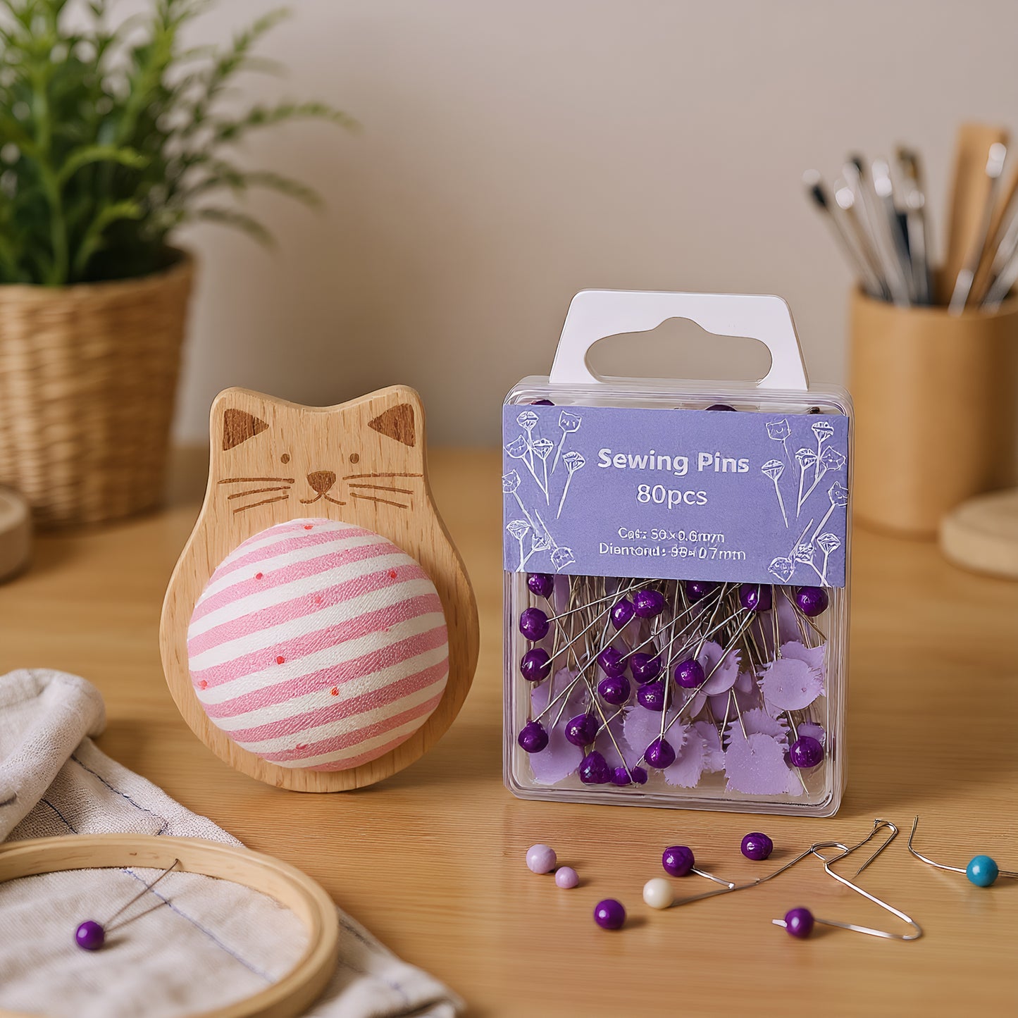 Cute Cat Pin Cushion Kit with 80 Craft Positioning Pins Needle Holders Wooden Base Adorable Pincushion for Quilting Needlepoint DIY Projects (Pink Purple)