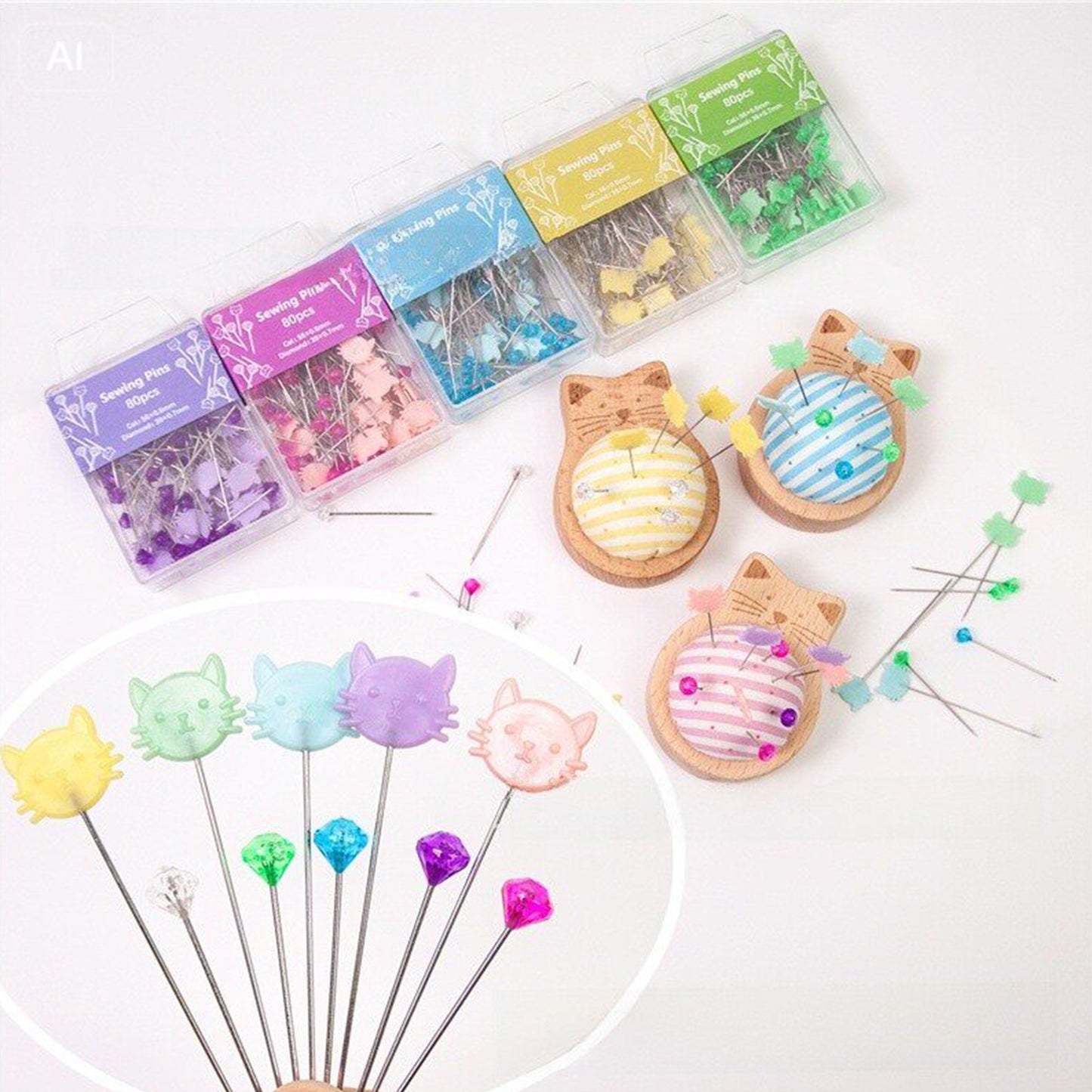Cute Cat Pin Cushion Kit with 80 Craft Positioning Pins Needle Holders Wooden Base Adorable Pincushion for Quilting Needlepoint DIY Projects (Pink Purple)
