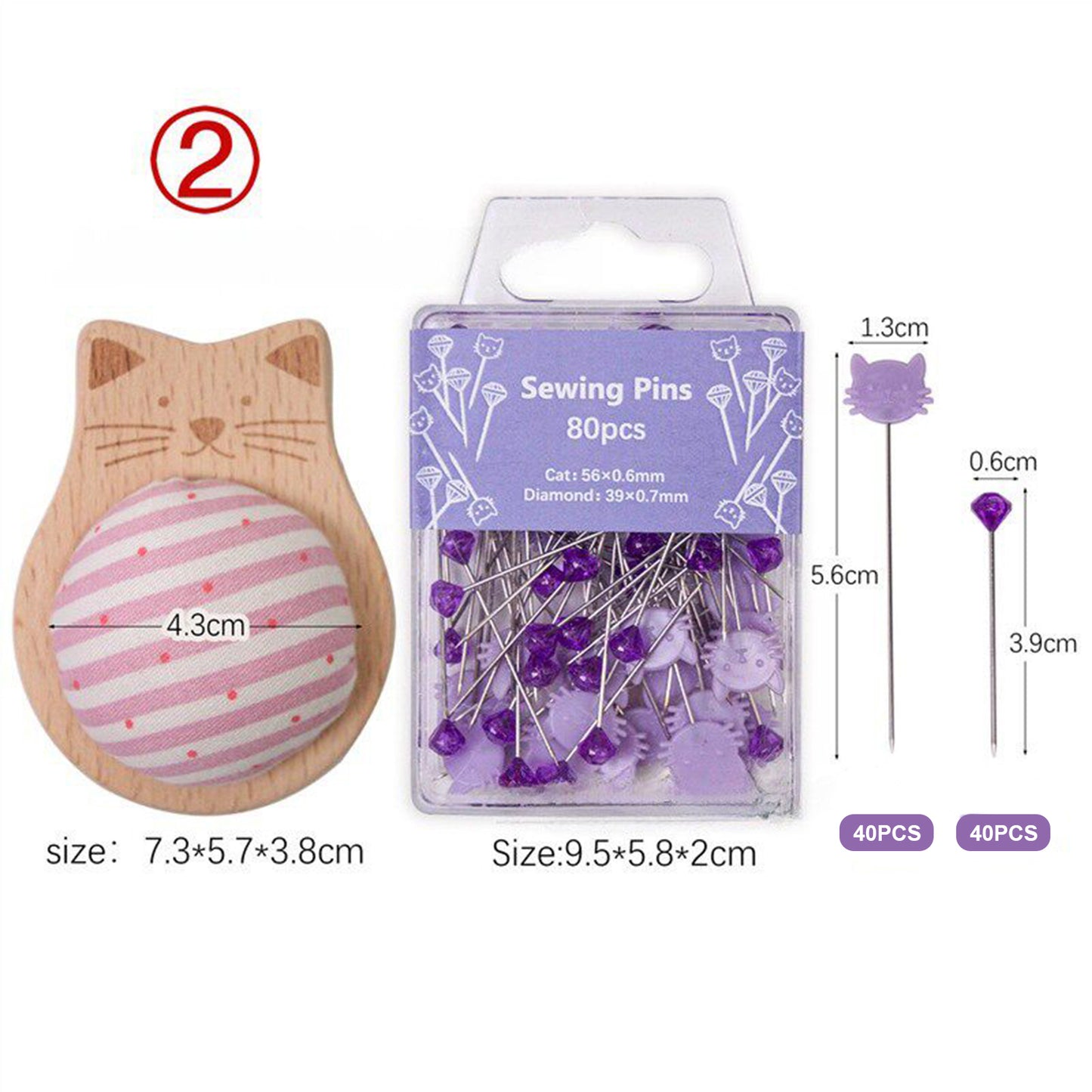 Cute Cat Pin Cushion Kit with 80 Craft Positioning Pins Needle Holders Wooden Base Adorable Pincushion for Quilting Needlepoint DIY Projects (Pink Purple)