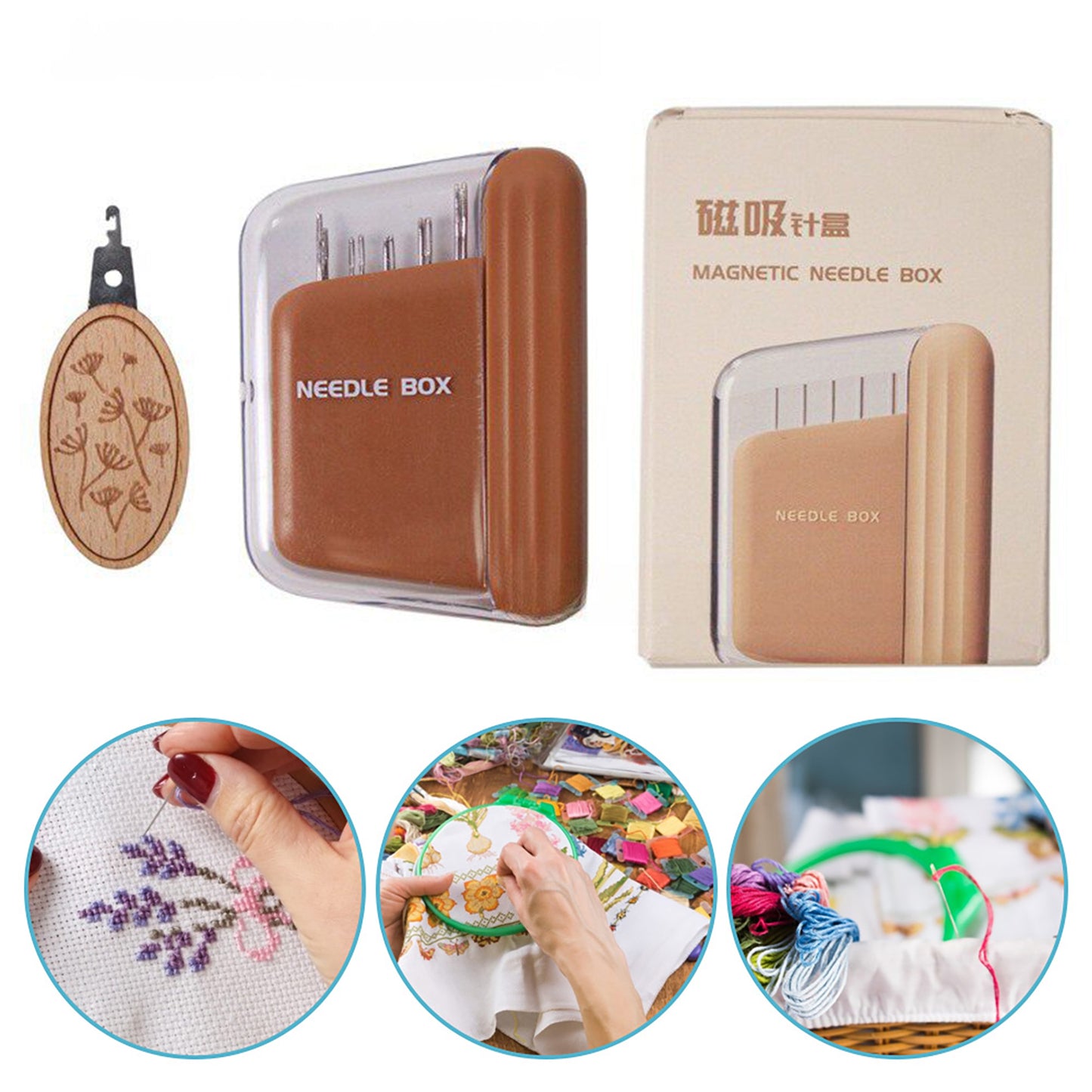 Portable Travel Magnetic Sewing Needles Case Include 10PCS 5 Size Needles & Threader Magnetic Needle Holder Case Craft Supplies Storage Gift for Sewers (Brown)