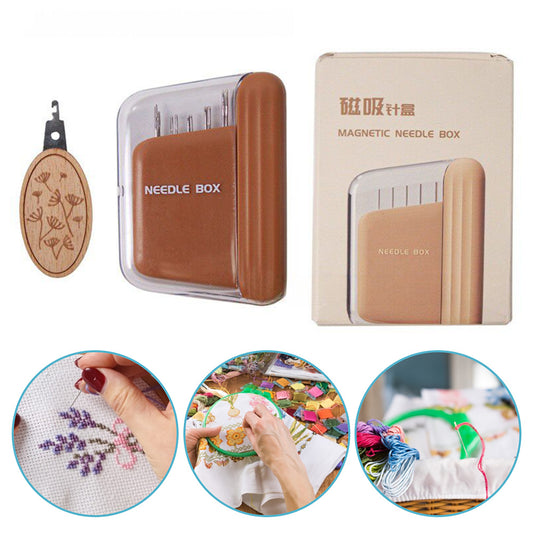 Portable Travel Magnetic Sewing Needles Case Include 10PCS 5 Size Needles & Threader Magnetic Needle Holder Case Craft Supplies Storage Gift for Sewers (Brown)