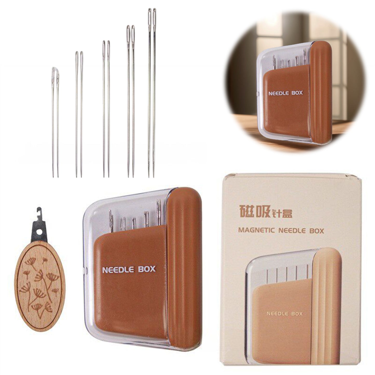 Portable Travel Magnetic Sewing Needles Case Include 10PCS 5 Size Needles & Threader Magnetic Needle Holder Case Craft Supplies Storage Gift for Sewers (Brown)