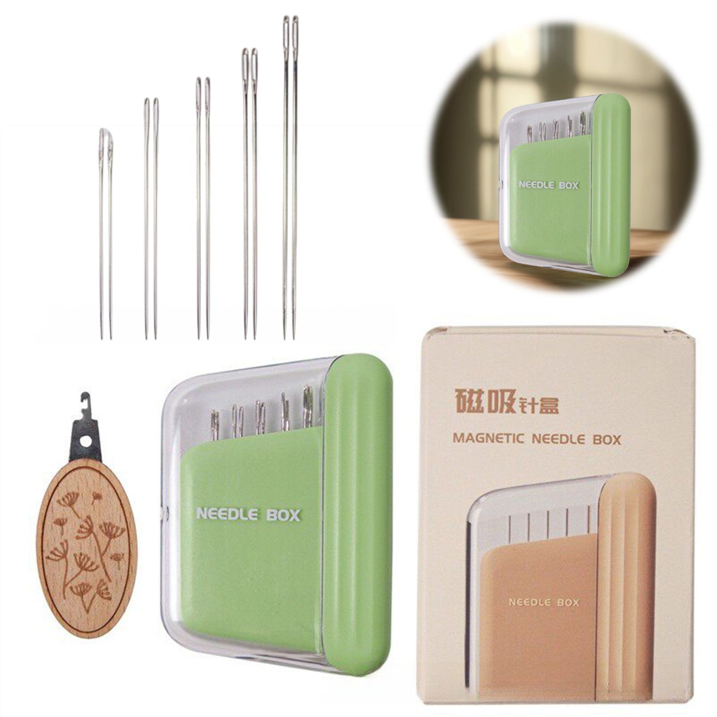 Portable Travel Magnetic Sewing Needles Case Include 10PCS 5 Size Needles & Threader Magnetic Needle Holder Case Craft Supplies Storage Gift for Sewers (Green)