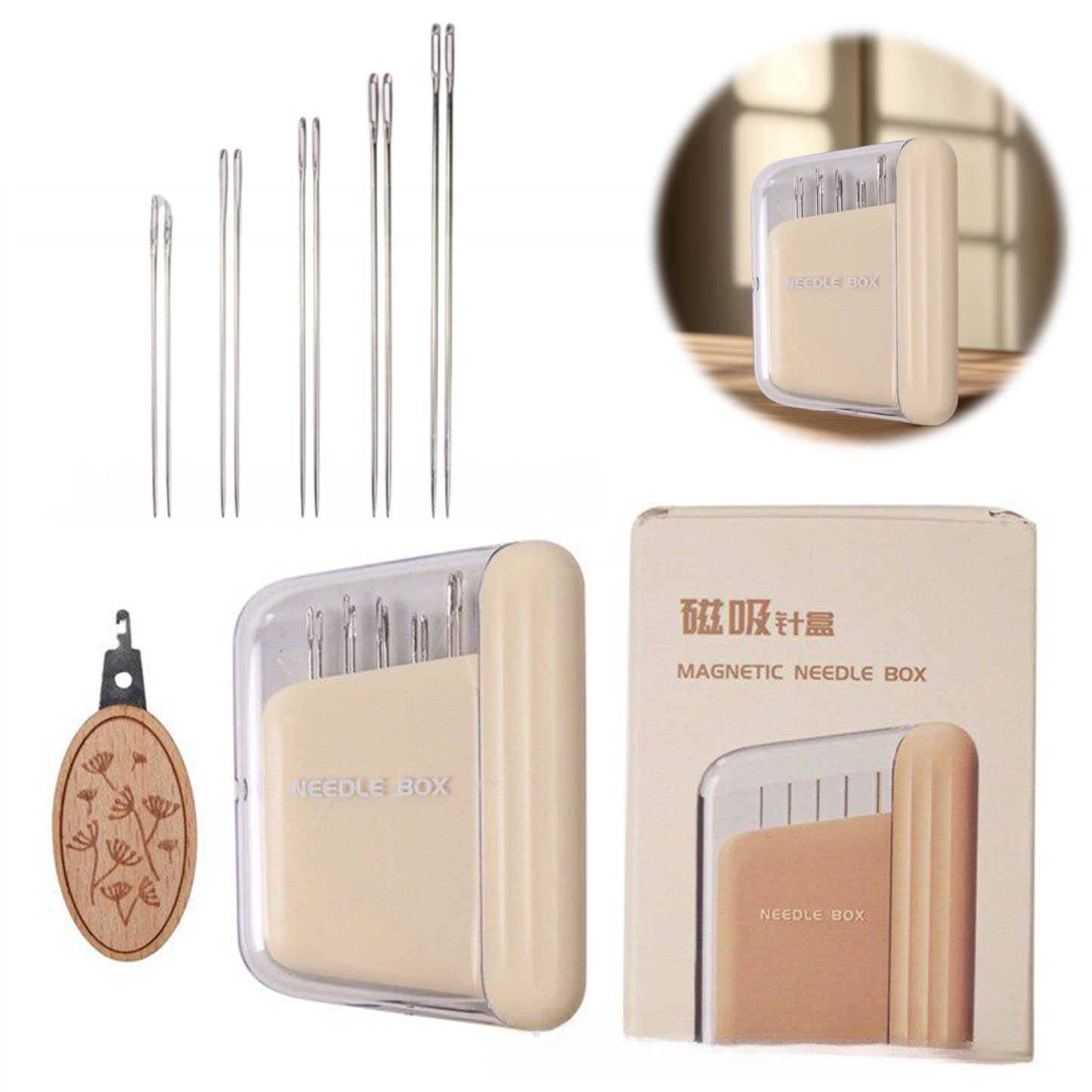 Portable Travel Magnetic Sewing Needles Case Include 10PCS 5 Size Needles & Threader Magnetic Needle Holder Case Craft Supplies Storage Gift for Sewers (Apricot)