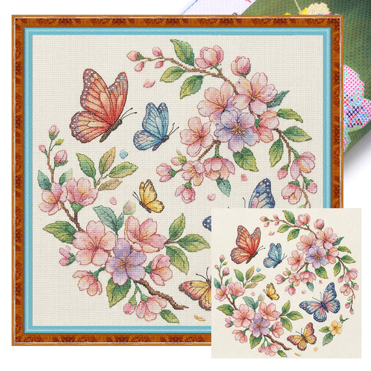 Butterfly And Flowers - Full 11CT Stamped Cross Stitch 40x40CM - Yishu