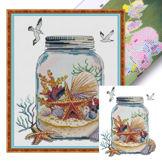 Ozeanwelt in der Flasche - Teilweise 14CT gestempeltes Kreuzstichset 27x34CM - Joy Sunday Rückstich + halber Kreuzstich