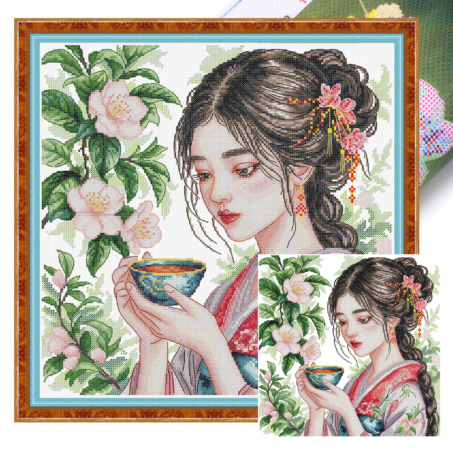 Girl Drinking Tea - Partial 14CT Stamped Cross Stitch 37x37CM - Joy Sunday Backstitch+Half Cross Stitch