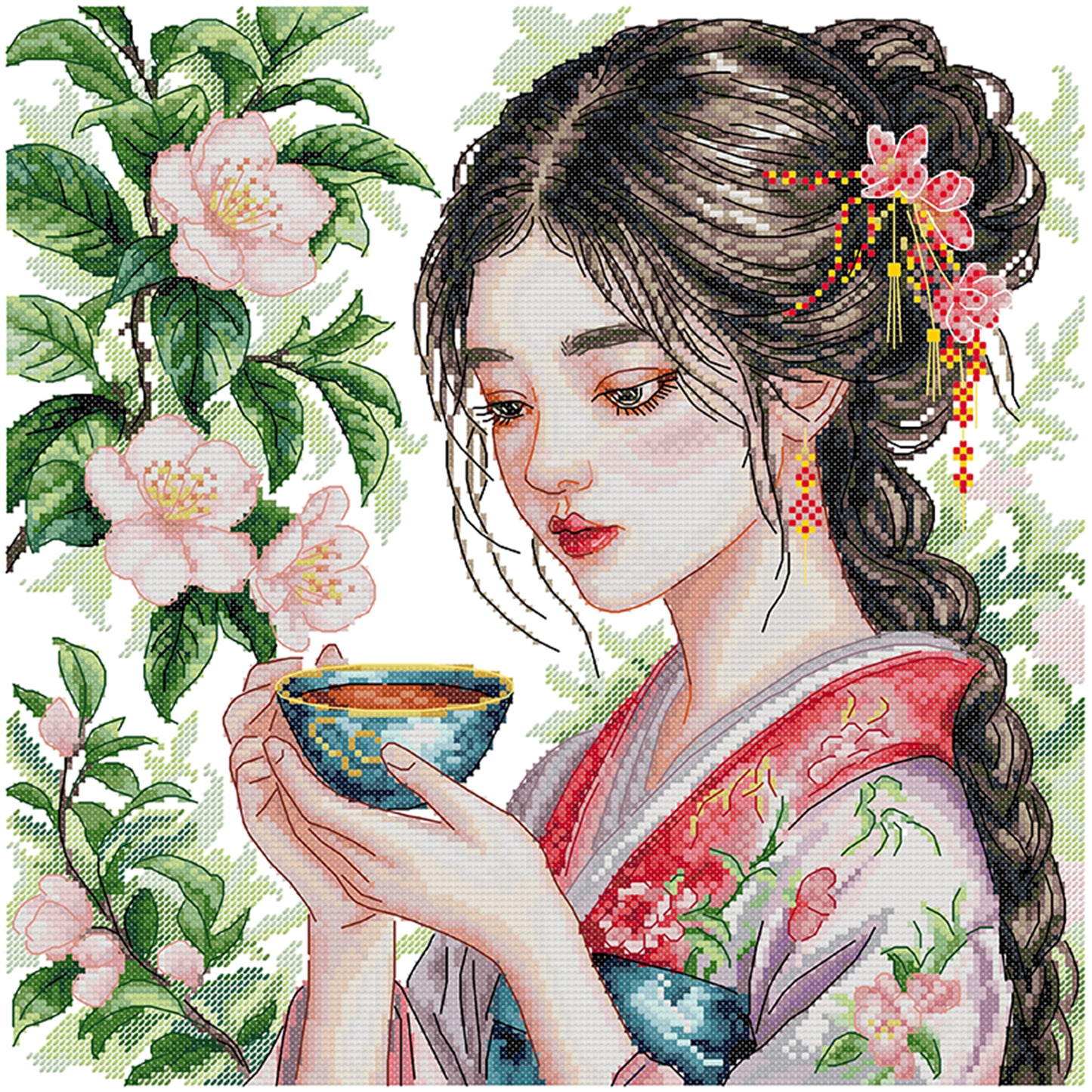 Girl Drinking Tea - Partial 14CT Stamped Cross Stitch 37x37CM - Joy Sunday Backstitch+Half Cross Stitch