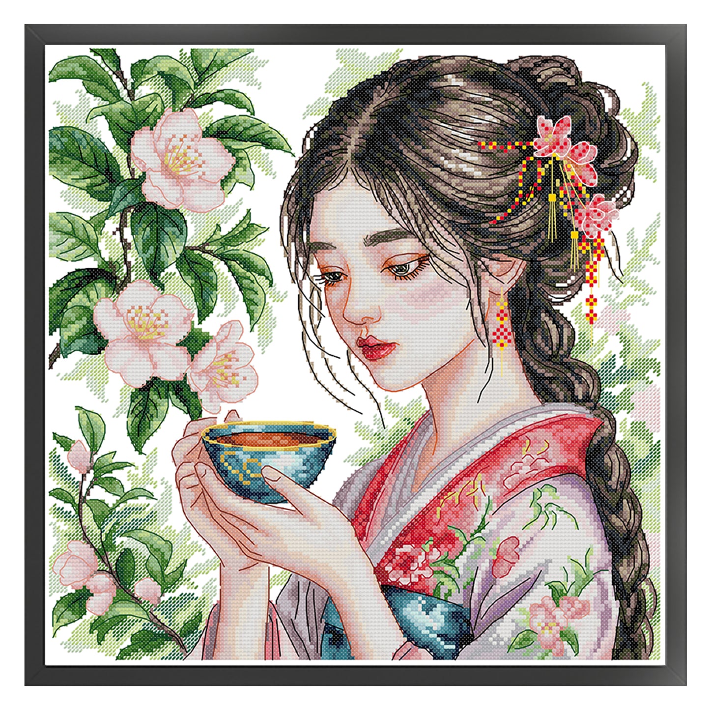Girl Drinking Tea - Partial 14CT Stamped Cross Stitch 37x37CM - Joy Sunday Backstitch+Half Cross Stitch