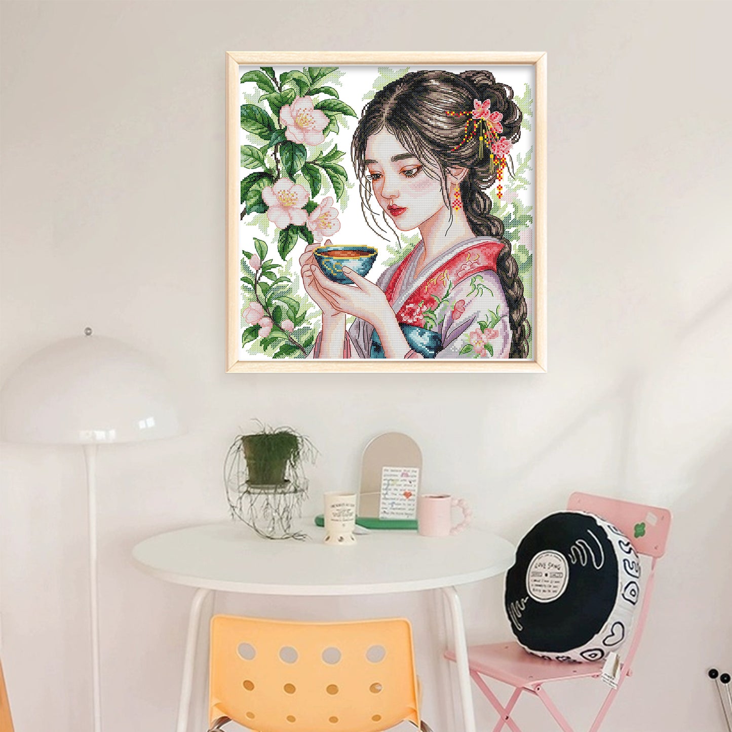 Girl Drinking Tea - Partial 14CT Stamped Cross Stitch 37x37CM - Joy Sunday Backstitch+Half Cross Stitch