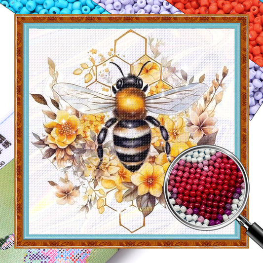 Golden Bee & Flower Shadow - Partial 11CT Stamped Cross Stitch - Bead Embroidery 36x36CM/14.17x14.17in