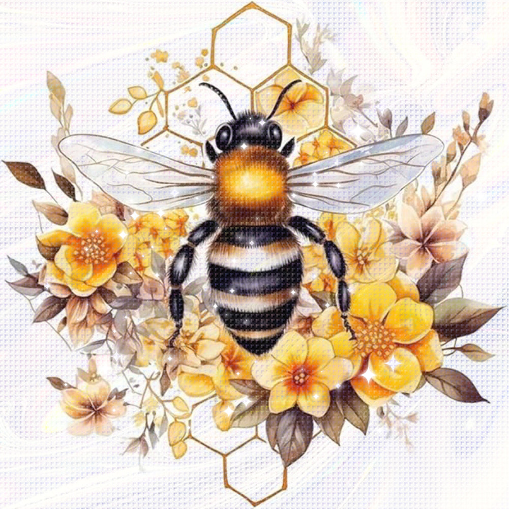 Golden Bee & Flower Shadow - Partial 11CT Stamped Cross Stitch - Bead Embroidery 36x36CM/14.17x14.17in