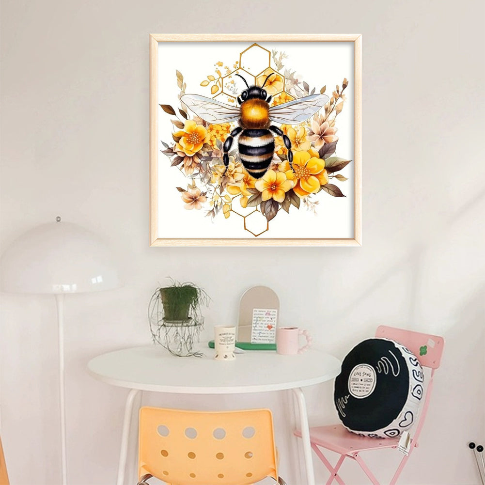 Golden Bee & Flower Shadow - Partial 11CT Stamped Cross Stitch - Bead Embroidery 36x36CM/14.17x14.17in