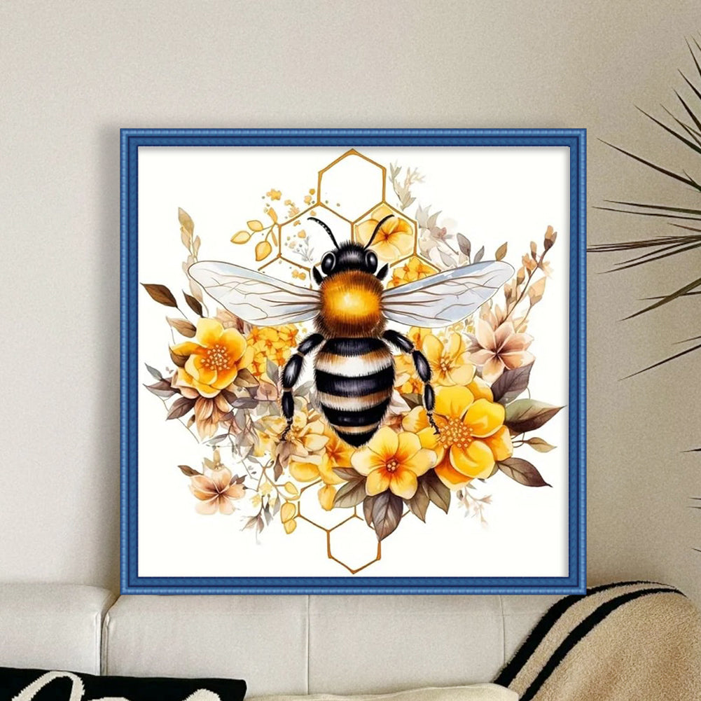 Golden Bee & Flower Shadow - Partial 11CT Stamped Cross Stitch - Bead Embroidery 36x36CM/14.17x14.17in