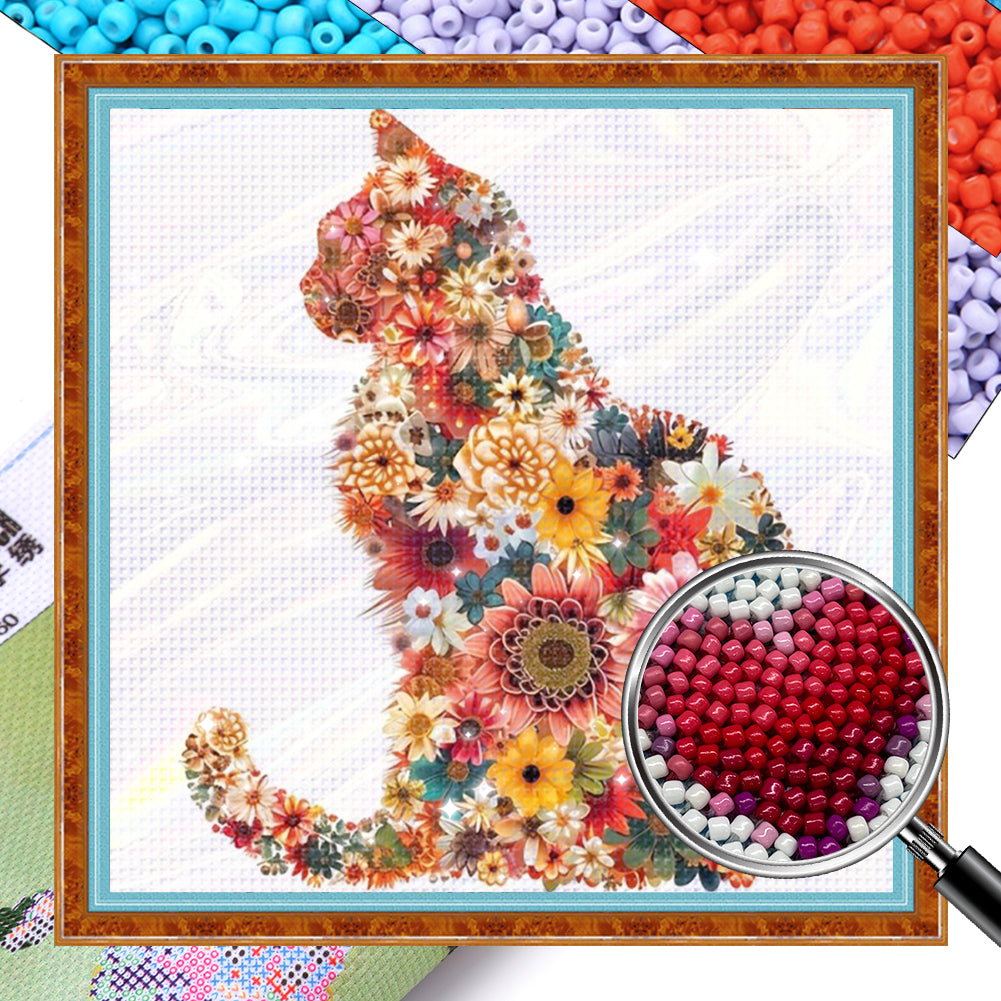 Flowers and Cat Silhouette - Partial 11CT Stamped Cross Stitch - Bead Embroidery 36x36CM/14.17x14.17in