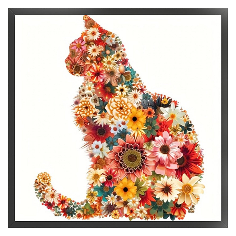 Flowers and Cat Silhouette - Partial 11CT Stamped Cross Stitch - Bead Embroidery 36x36CM/14.17x14.17in