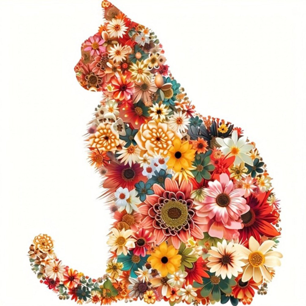 Flowers and Cat Silhouette - Partial 11CT Stamped Cross Stitch - Bead Embroidery 36x36CM/14.17x14.17in