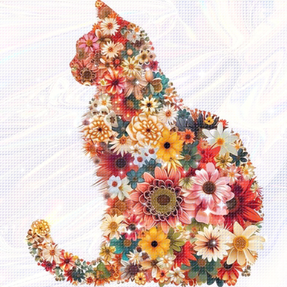 Flowers and Cat Silhouette - Partial 11CT Stamped Cross Stitch - Bead Embroidery 36x36CM/14.17x14.17in