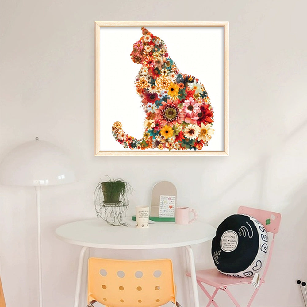 Flowers and Cat Silhouette - Partial 11CT Stamped Cross Stitch - Bead Embroidery 36x36CM/14.17x14.17in