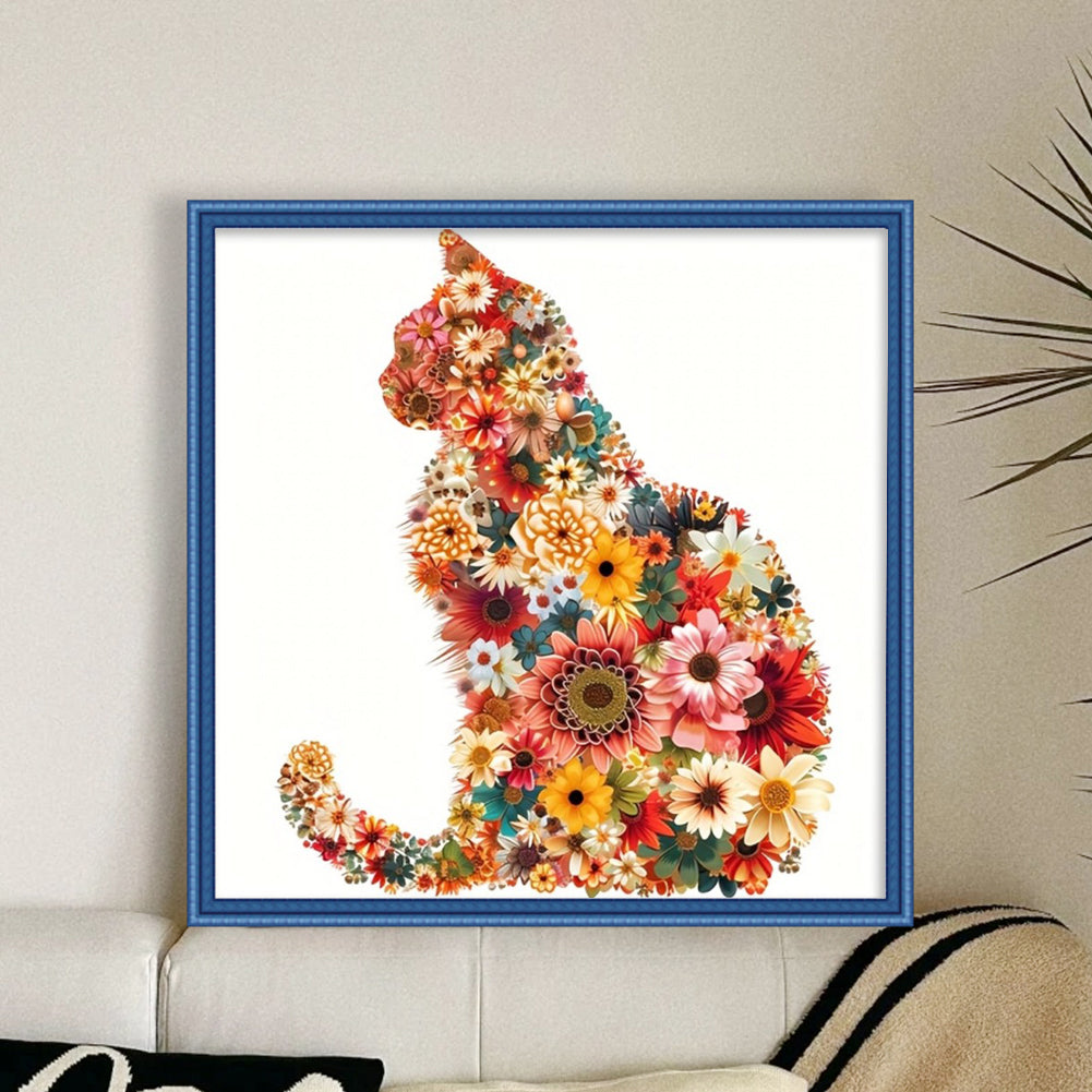 Flowers and Cat Silhouette - Partial 11CT Stamped Cross Stitch - Bead Embroidery 36x36CM/14.17x14.17in