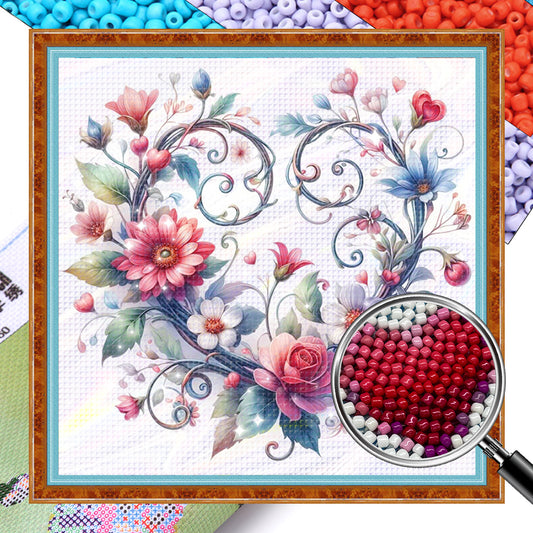 Heart Decorated with Flowers - Partial 11CT Stamped Cross Stitch - Bead Embroidery 36x36CM/14.17x14.17in