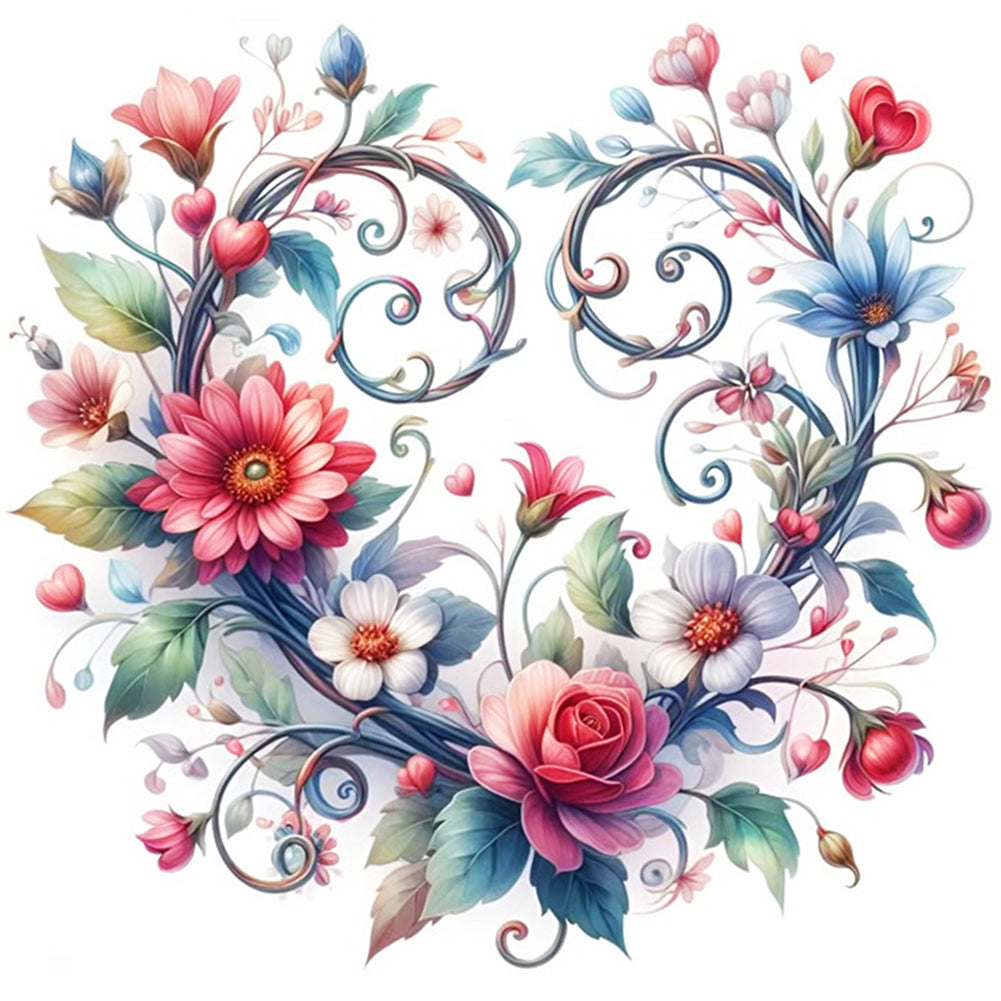 Heart Decorated with Flowers - Partial 11CT Stamped Cross Stitch - Bead Embroidery 36x36CM/14.17x14.17in
