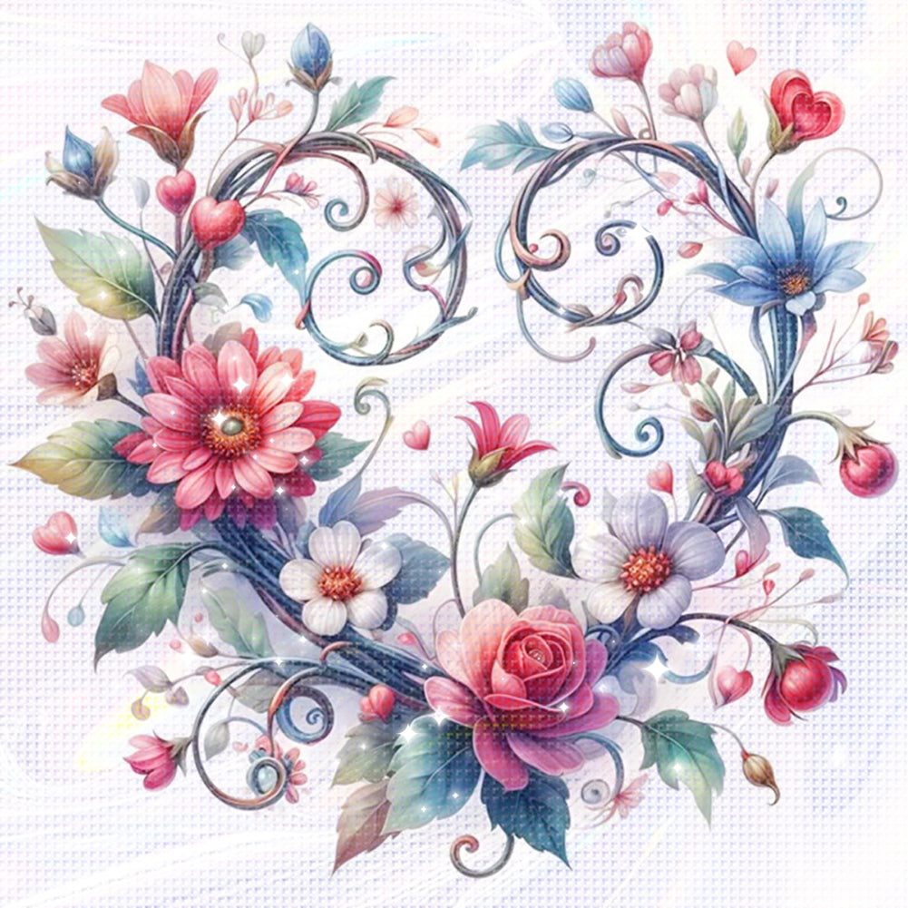 Heart Decorated with Flowers - Partial 11CT Stamped Cross Stitch - Bead Embroidery 36x36CM/14.17x14.17in