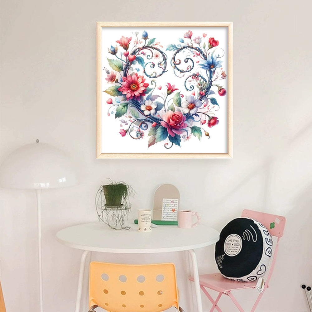 Heart Decorated with Flowers - Partial 11CT Stamped Cross Stitch - Bead Embroidery 36x36CM/14.17x14.17in