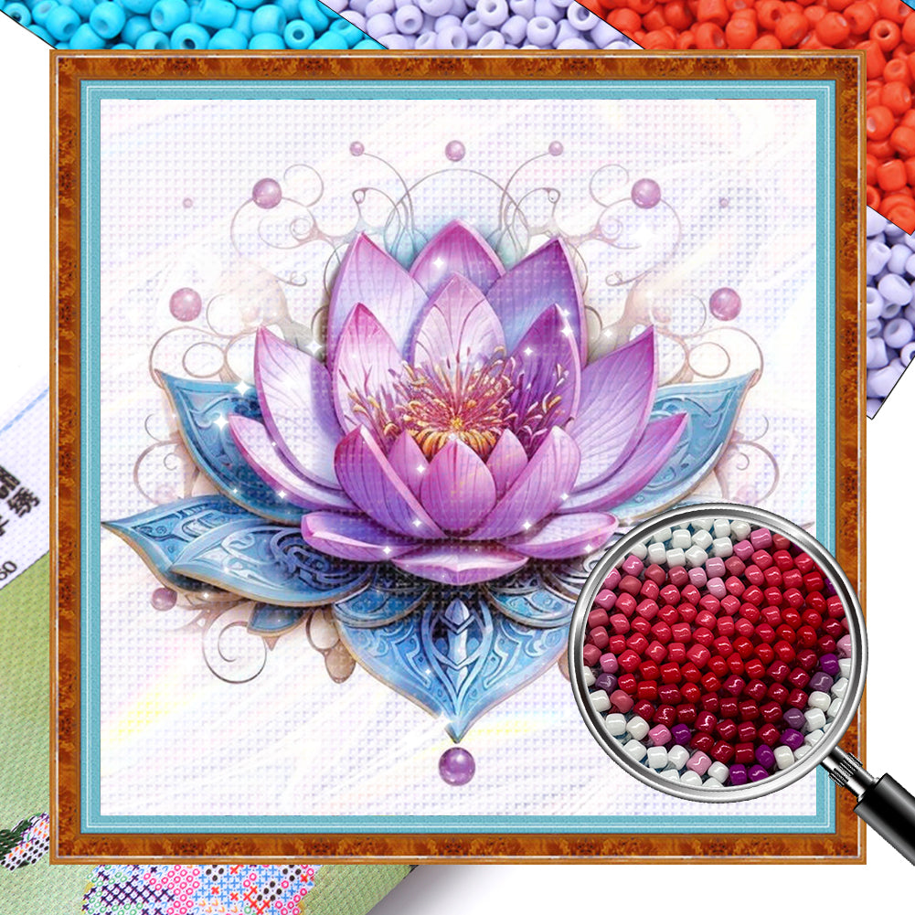 Lotus - Partial 11CT Stamped Cross Stitch - Bead Embroidery 36x36CM/14.17x14.17in