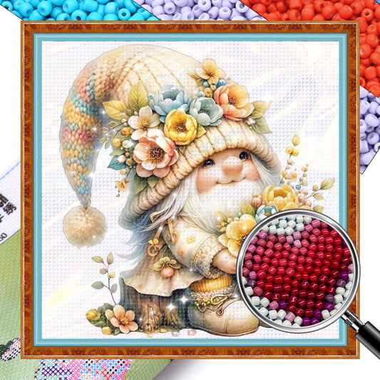 Gnome Among Flowers - Partial 11CT Stamped Cross Stitch - Bead Embroidery 36x36CM/14.17x14.17in