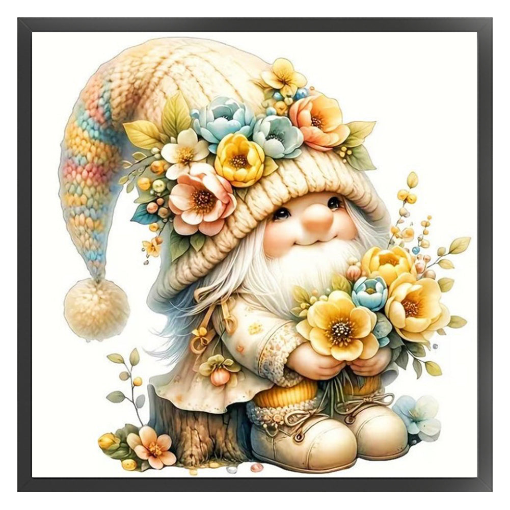 Gnome Among Flowers - Partial 11CT Stamped Cross Stitch - Bead Embroidery 36x36CM/14.17x14.17in