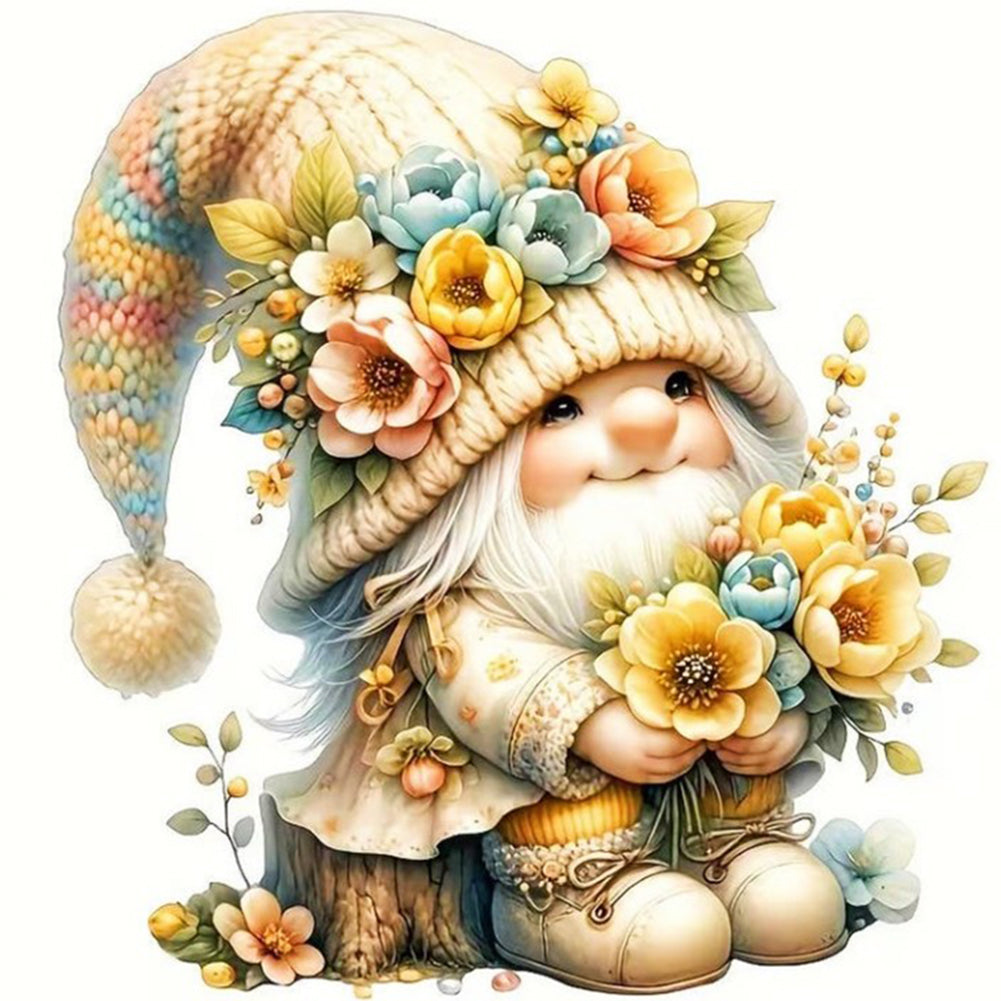 Gnome Among Flowers - Partial 11CT Stamped Cross Stitch - Bead Embroidery 36x36CM/14.17x14.17in