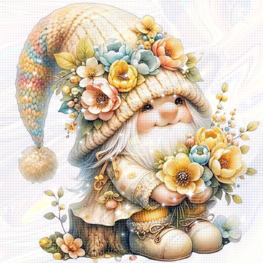 Gnome Among Flowers - Partial 11CT Stamped Cross Stitch - Bead Embroidery 36x36CM/14.17x14.17in