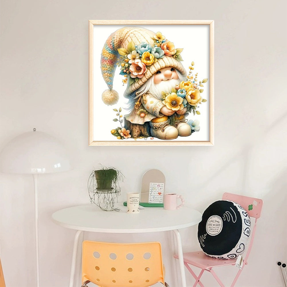 Gnome Among Flowers - Partial 11CT Stamped Cross Stitch - Bead Embroidery 36x36CM/14.17x14.17in