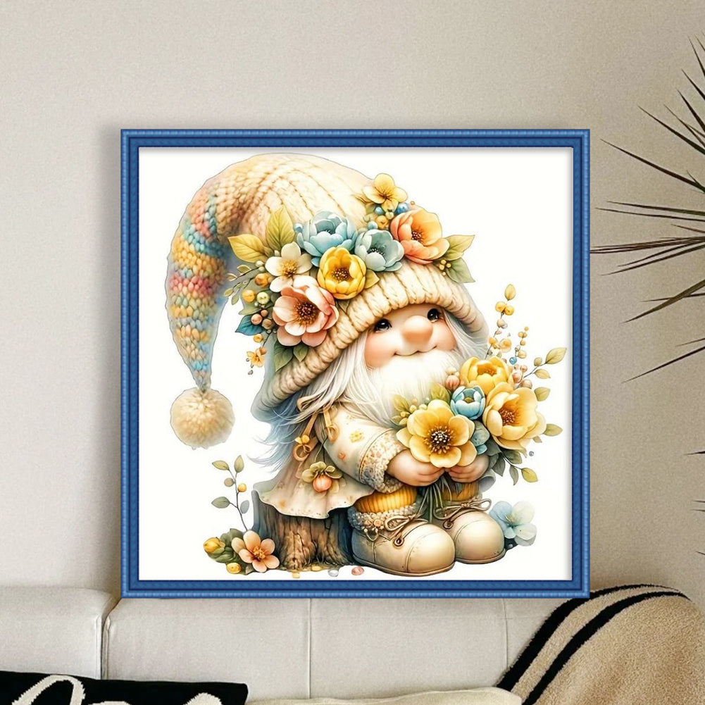 Gnome Among Flowers - Partial 11CT Stamped Cross Stitch - Bead Embroidery 36x36CM/14.17x14.17in