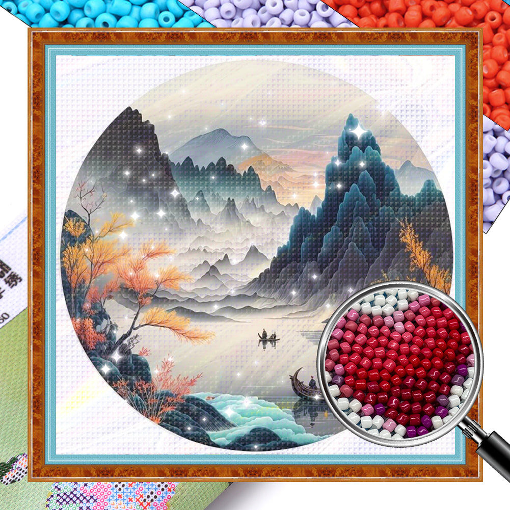 Misty Mountain Realm - Partial 11CT Stamped Cross Stitch - Bead Embroidery 36x36CM/14.17x14.17in