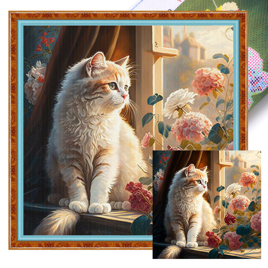 Cat By Window - Full 11CT Stamped Cross Stitch 50x50CM - Mona Lisa