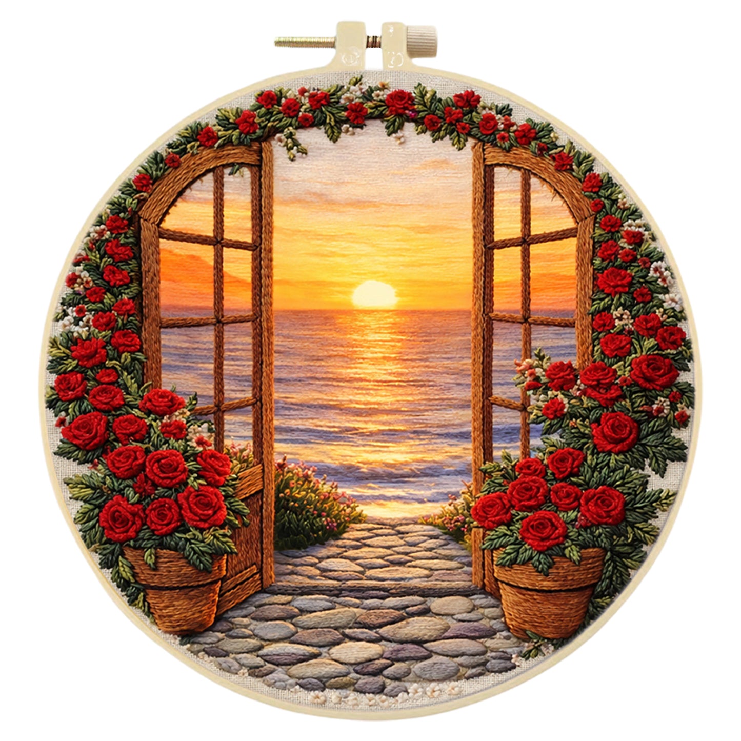 Roses And Sunset - DIY Embroidery Cross Stitch Kit with Pattern Cotton Threads Needles Hoop 29x29CM/11.42x11.42in