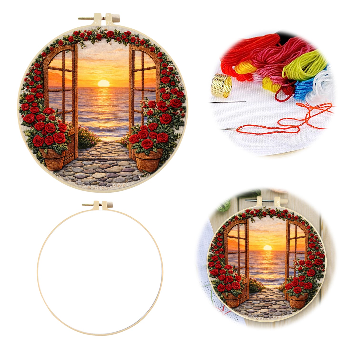 Roses And Sunset - DIY Embroidery Cross Stitch Kit with Pattern Cotton Threads Needles Hoop 29x29CM/11.42x11.42in
